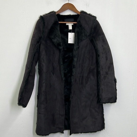 H&M - NWT Black Suede Like Lined Black Faux Fur Button Down Pockets Coat Size 2 - Picture 8 of 13